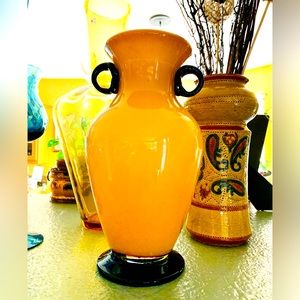 Stunning handblown cased glass vase yellow black